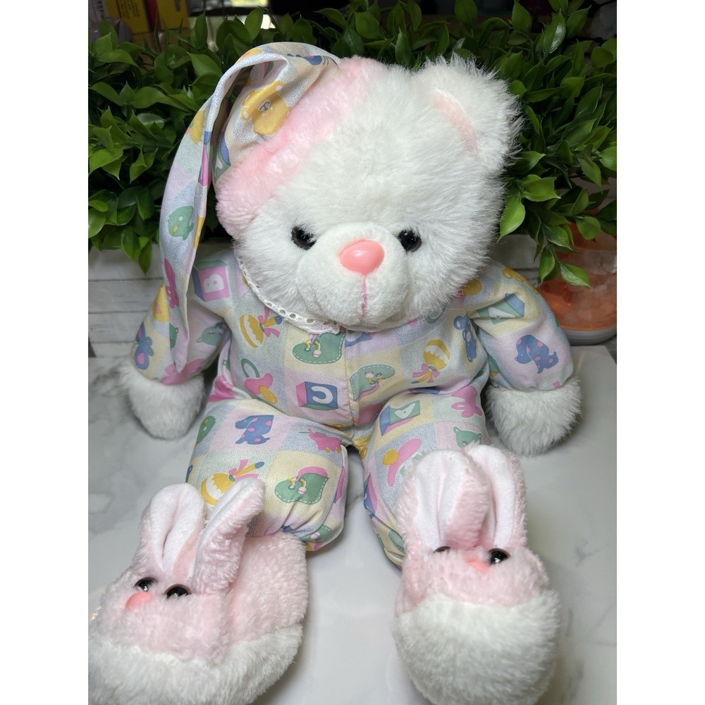 VTG Bedtime‎ Teddy Bear In  Pajamas And Bunny  Slippers ABC Plush Soft Body